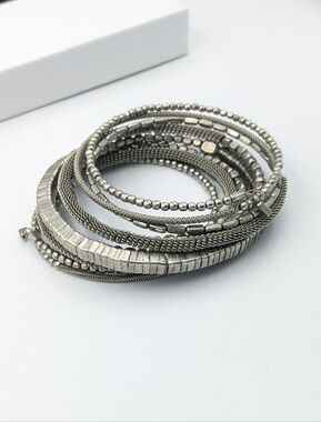 Funky Beaded Silver Tone Slinky Coil Bracelet